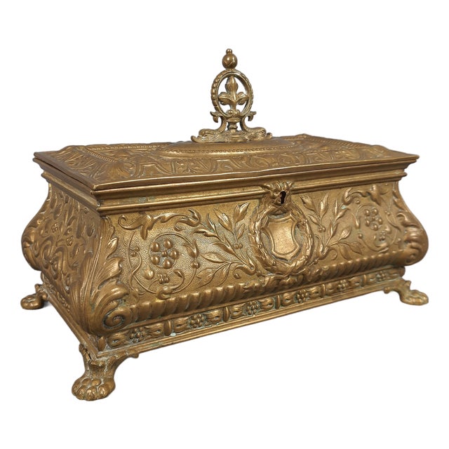 Antique Neo-Renaissance Embossed Brass Box with Lion Paws, 1890s For Sale