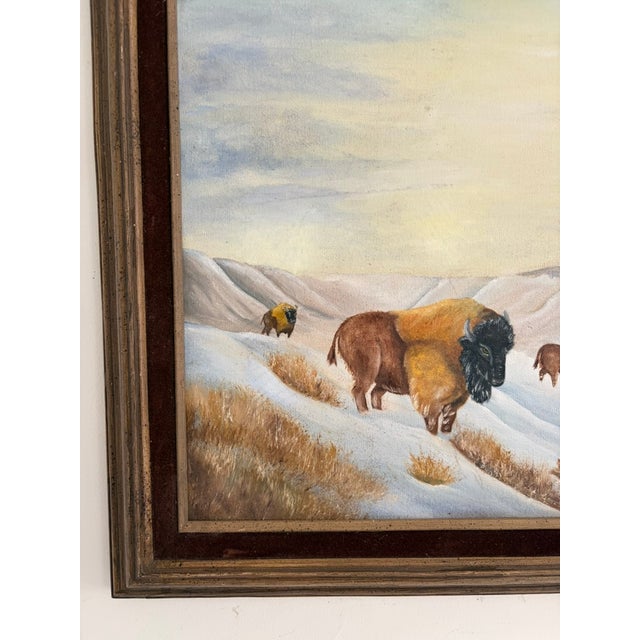 Late 20th Century Vintage Bison Landscape Painting – Oil on Canvas, Signed “Luci,” Framed For Sale - Image 5 of 10