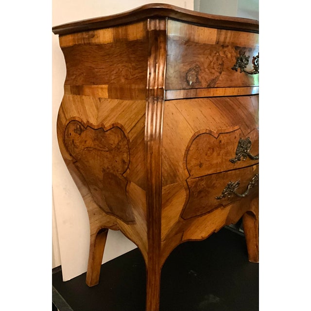 Rococo Burl Wood Nightstand Rococo Three Drawer Bombe Commode Blue Velvet Lining For Sale - Image 3 of 12