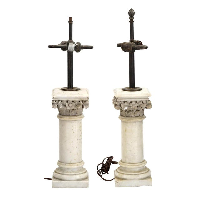 Black Antique White Marble Column Form Table Lamps - A Pair For Sale - Image 8 of 11
