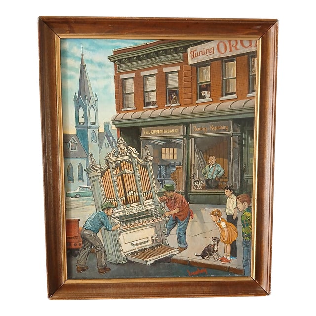 Delivering the Pipe Organ Oil on Canvas 1960s Original Illustration For Sale