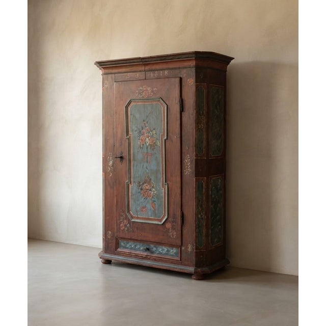 Antique Tyrolean Red Painted Wardrobe with Flowers, 1818 For Sale - Image 4 of 18