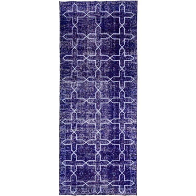 Modern Blue Turkish Handmade Geometric Pattern Wool Gallery Rug For Sale - Image 11 of 11