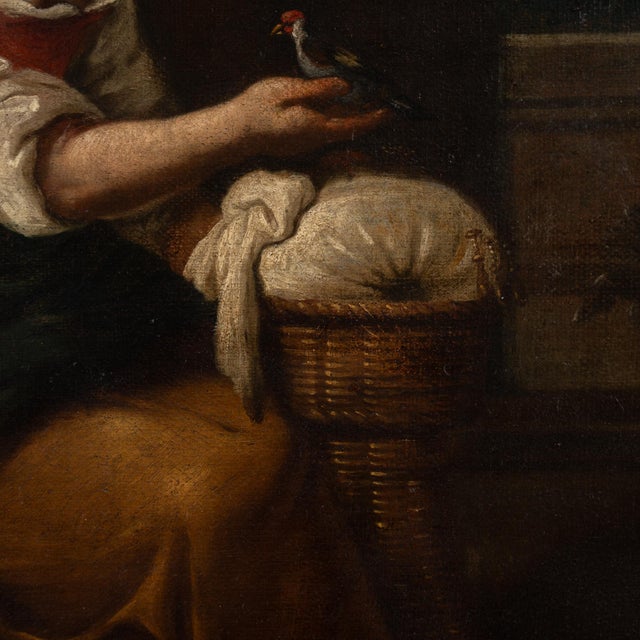 Early 19th Century Early 19th Century Oil on Canvas Painting of Young Woman With Bird For Sale - Image 5 of 15