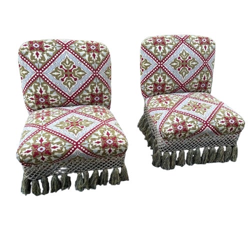 Antique French Pair Tapestry Tassels Fringe Slipper Chairs For Sale