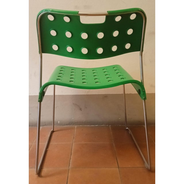 Green Metal Omstack Stackable Chairs by Rodney Kinsman for Bieffeplast, Italy, 1970s, Set of 3, in Very Good conditions....
