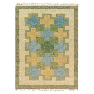Doris Leslie Blau Vintage Swedish Flat Woven Rug by Kerstin Persson Signed 'KP' For Sale