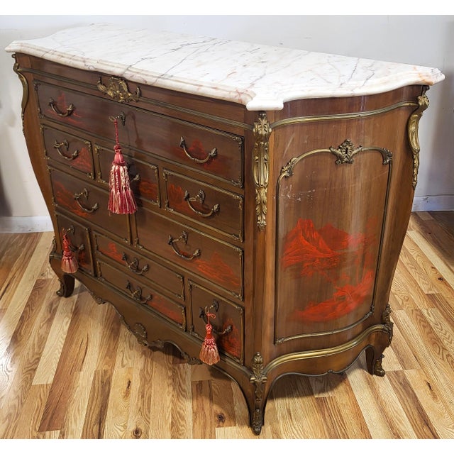 Japanese Vintage French Style Japanese Tansu Painted Bronze & Marble Top Commode Dresser For Sale - Image 3 of 18