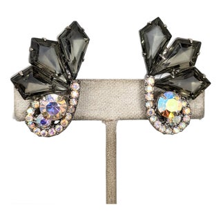 Vintage 1960s Delizza & Elster Faux-Black Diamond & Aurora Borealis Clip Earrings-2 Pieces For Sale