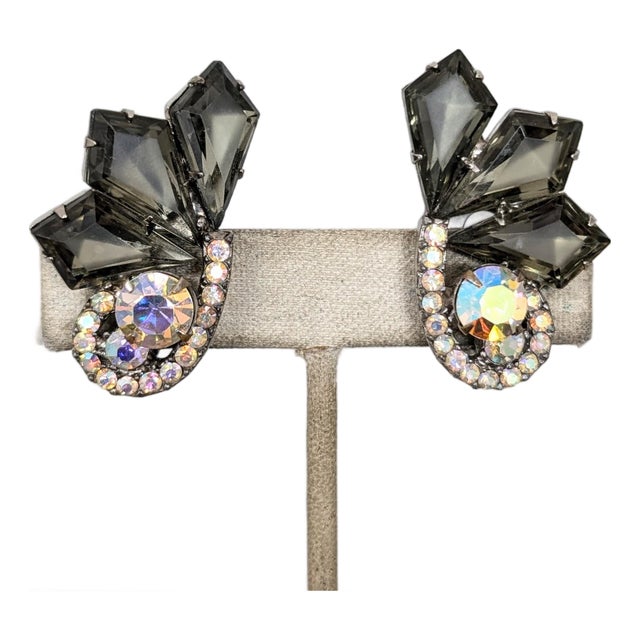 Vintage 1960s Delizza & Elster Faux-Black Diamond & Aurora Borealis Clip Earrings-2 Pieces For Sale
