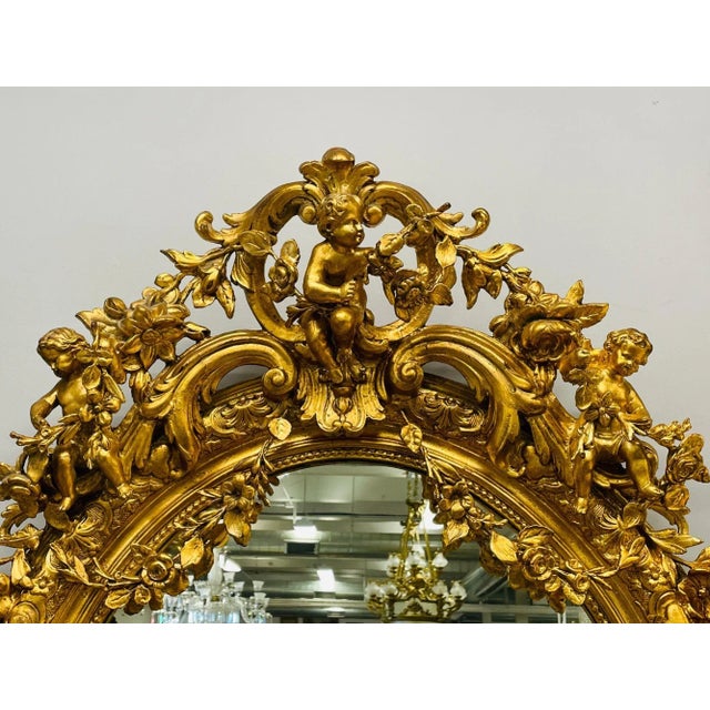 19th Century Gilt Wood Carved Wall or Console Mirror. Cherub, Floral Decorated For Sale - Image 4 of 10