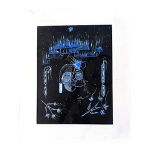 1970s Original Signed "Two Faces in Blue" Gouache on Paper by K. Lorentz