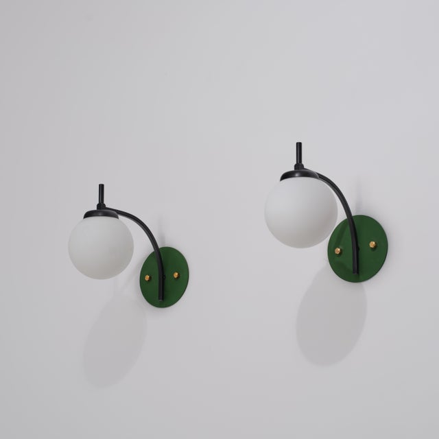 Italian Curved Wall Sconces with Opaline Globes and Green Backplates, 1950s, Set of 2 For Sale - Image 11 of 11