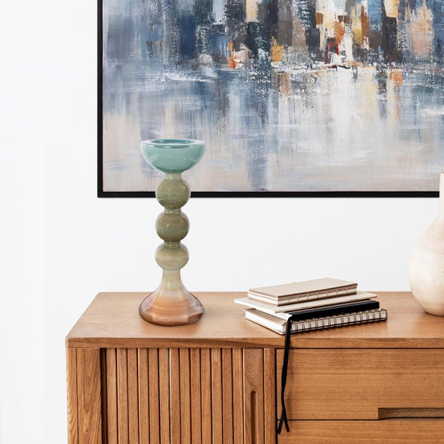 Teal Capri Stripe Glass Candle Holder- Tall For Sale - Image 8 of 10