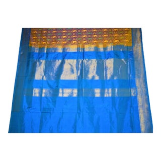 Silk Ikat Poochampalee Saree Sari Indian Gold Tone Yellow, Green & Turquoise Blue Geometric Paisley Pattern For Sale