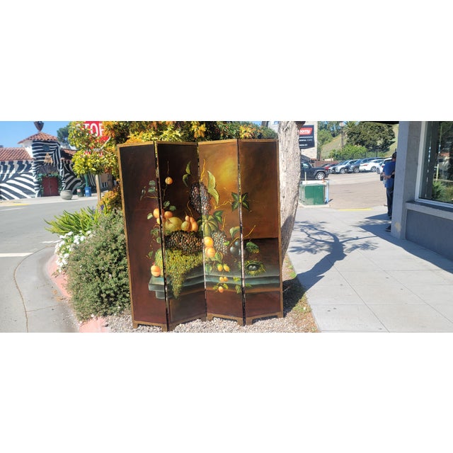 This is a vintage 1950s hand painted 4 panel folding screen. Showcasing Renaissance-inspired Italianate still life of...