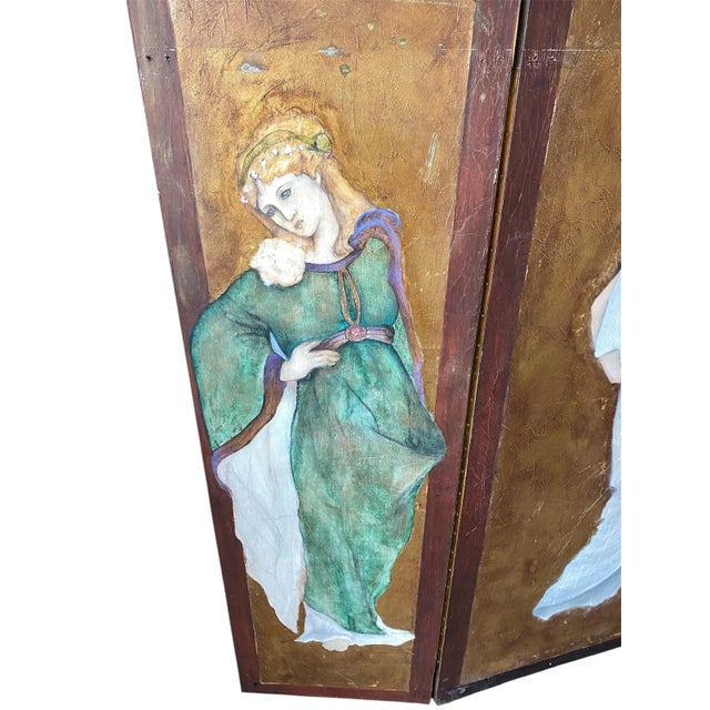 Brown Vintage Hand-Painted Double-Sided Room Divider Folding Screen For Sale - Image 8 of 12