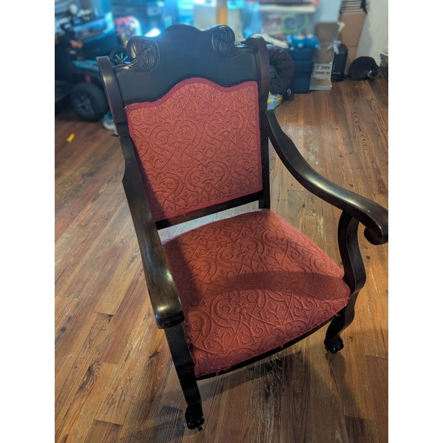 Red Vintage Wooden Armchair With Red Upholstery – Carved Details and Claw Feet, Vintage Accent Chair For Sale - Image 8 of 16