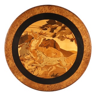 Large Vintage Round Inlaid Wood Deer Painting, Italy, 1960s For Sale