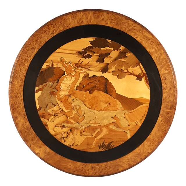 Large Vintage Round Inlaid Wood Deer Painting, Italy, 1960s For Sale