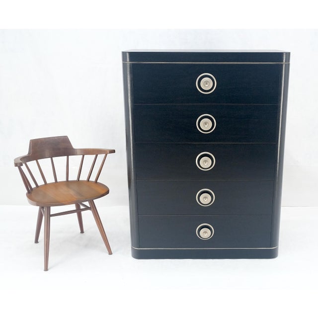 Black Lacquer & Silver 5 Drawers Art Deco Tall Chest Dresser MINT For Sale - Image 13 of 18