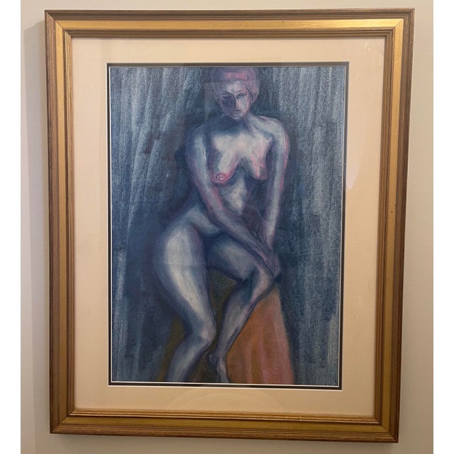 Mid-Century Modern Vintage Cobalt Blue Nude Female Figure Study Framed Painting For Sale - Image 3 of 5