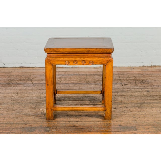 Chinese Elm Qing Dynasty Period Side Table with Horse Hoof Legs and Stretchers For Sale - Image 12 of 12