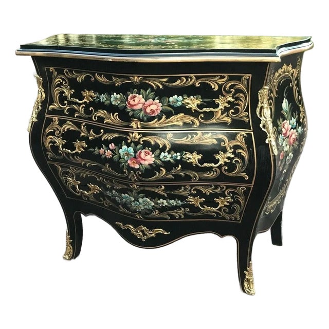 1950s French Louis XVI Black Floral Beech Commode Chest For Sale