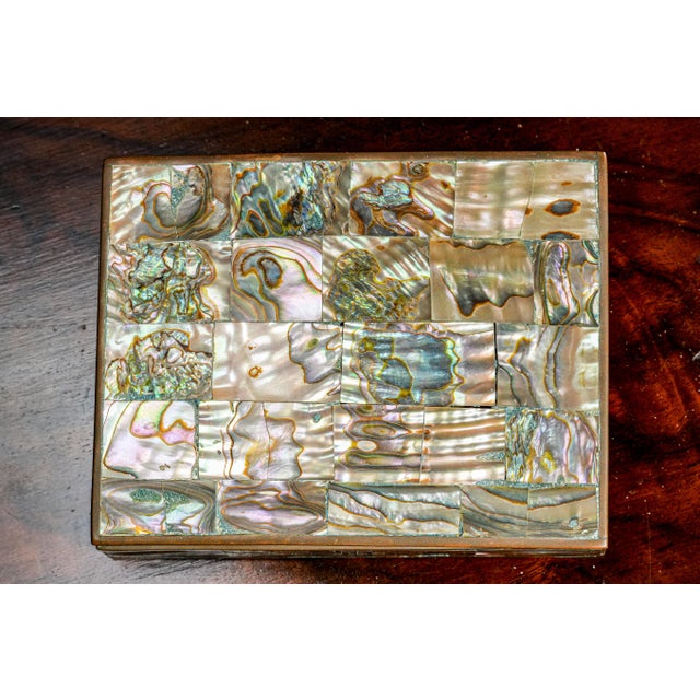 Mid-Century Modern Luminous Vintage Mid Century Abalone Shell Brass Jewelry Trinket Box For Sale - Image 3 of 12
