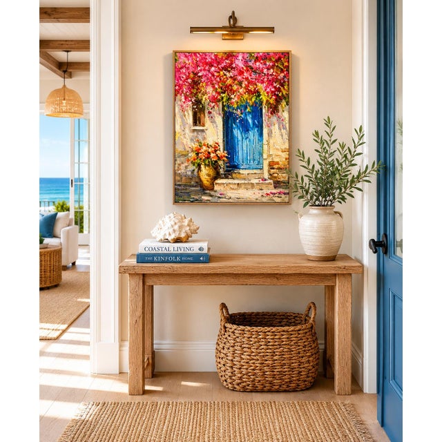 Original oil on stretched canvas by Eric Sam, signed circa 2024. This colorful coastal doorway scene features a vibrant...