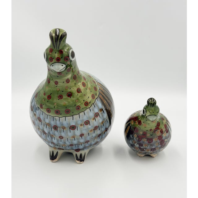 Folk-Art Ken Edwards Tonala Pottery Hand Painted Palomar Quail Mama & Baby Bird For Sale - Image 9 of 9