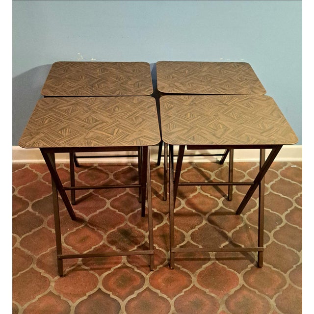 Mid-Century Modern Parquet Wood Tv Tray Tables, Set of 5 With Stand For Sale - Image 4 of 13