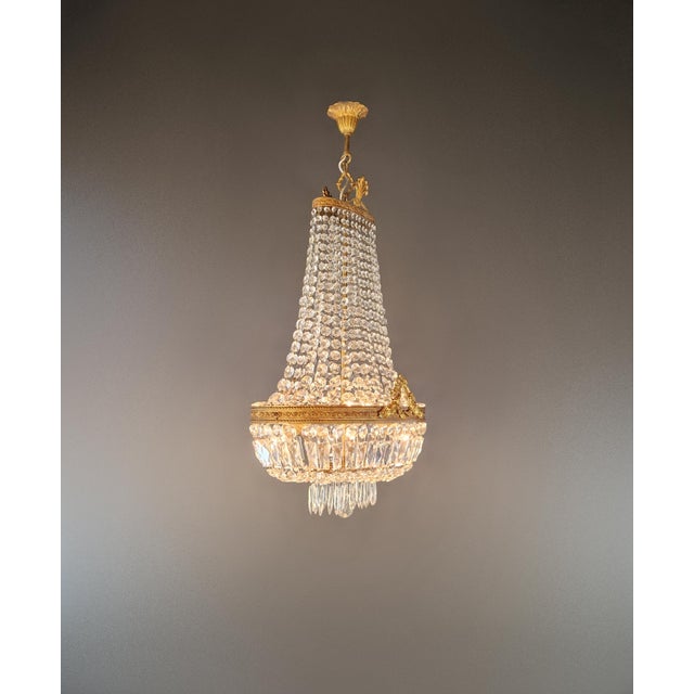 Brass Oval Antique Empire Revival Brass Crystal Chandelier Neoclassical Crystal Basket For Sale - Image 8 of 11