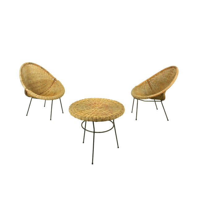Vintage Italian Rattan Basket Chairs and Bistro Table Set, 1960s, Set of 3 For Sale - Image 3 of 18