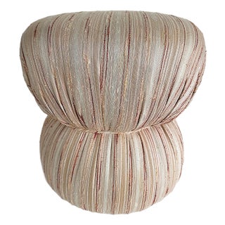 Vintage Boho Upholstered and Cinched Pouf on Casters For Sale