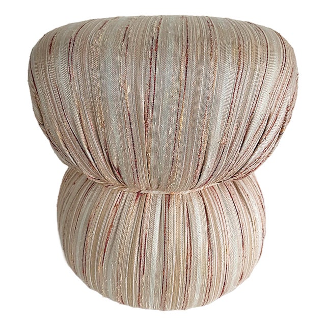 Vintage Boho Upholstered and Cinched Pouf on Casters For Sale