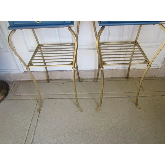 Rustic European 1980s Vintage Wood Blue Metal Side End Table One Drawer Set of Two For Sale - Image 3 of 12