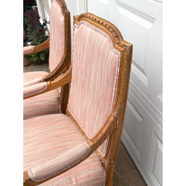 Wood Vintage Louis XVI Carved Wood and Upholstered Arm Chairs - A Pair For Sale - Image 7 of 12