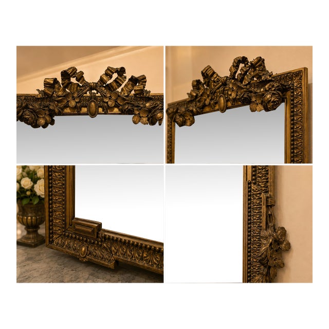 19th Century French Louis XVI Style Carved Giltwood Mirror With Floral Crest For Sale