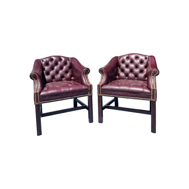 Vintage Tufted Chesterfield Style Pair Chairs With Brass Rivets Traditional English style pair of side or accent chairs...