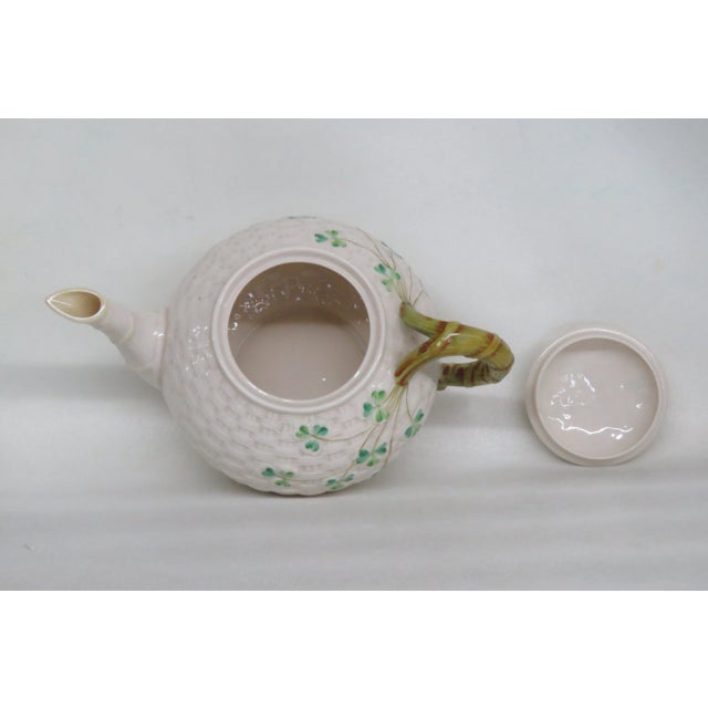 Off-white Belleek Ireland Shamrock Basket Weave Teapot For Sale - Image 8 of 13