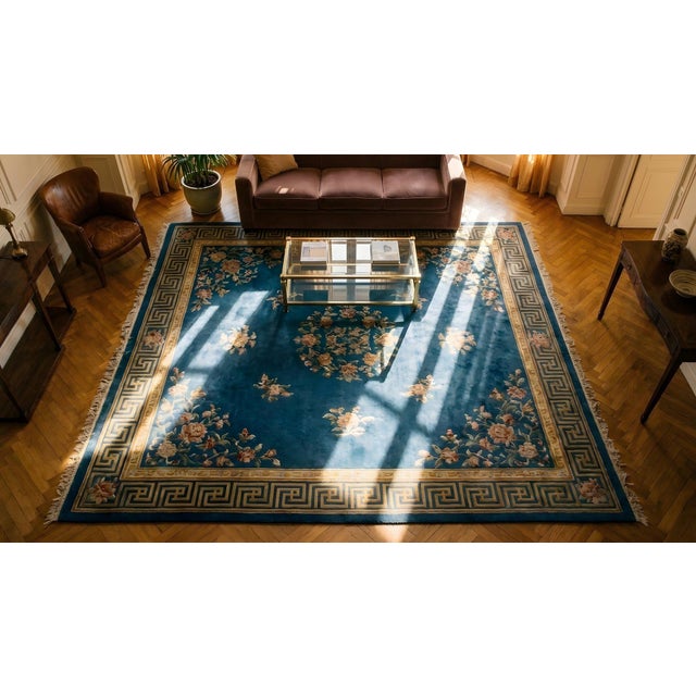 Magistral Ink Blue Color and Different Floral Desing Antique Chinese Art Deco Rug For Sale - Image 15 of 17
