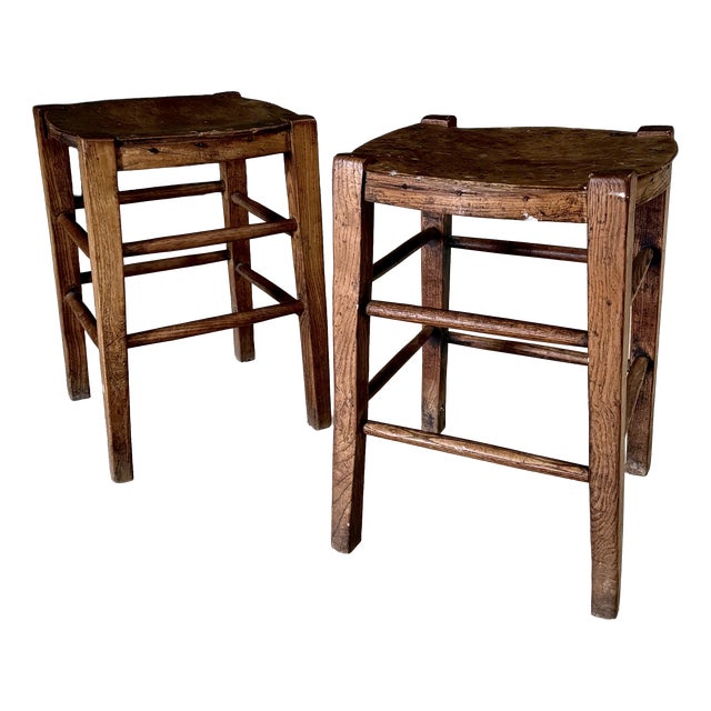 Vintage French Country Bistro Low Stools, 1930s, Set of 2 For Sale