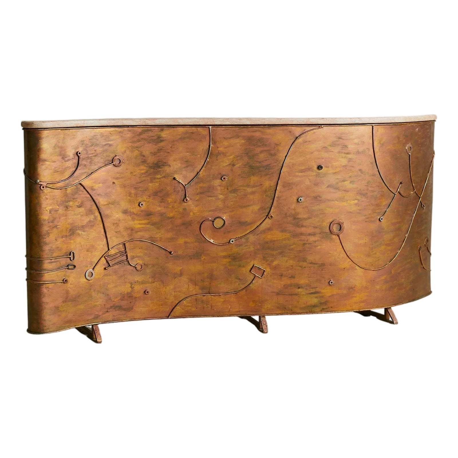 Vintage Custom Italian Metal Bar Cabinet with Blush Marble Top | Chairish