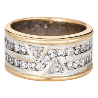 80s Vintage 1.25ct Diamond Cigar Band 14k Yellow Gold Sz 7 Ring Mixed Cuts For Sale