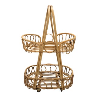 Vintage Rattan Rolling Bar Cart For Sale