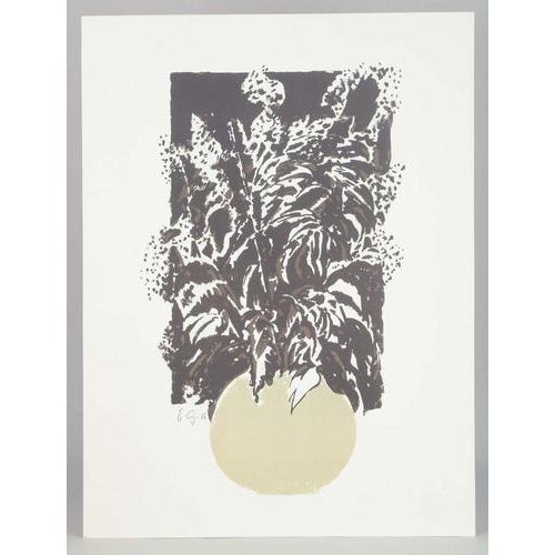 Emil gregersen (1921–1993) color lithograph. Depiction of a stylized plant in a round vase, executed in muted earth tones...