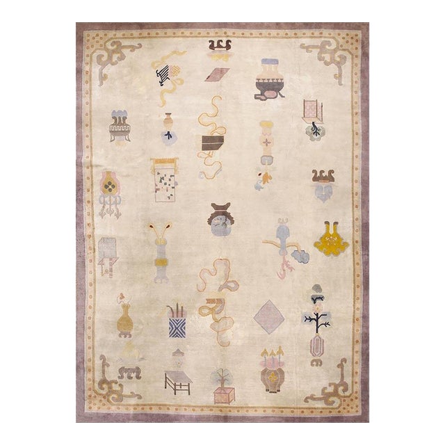 1920s Ivory Art Deco Influences Geometric Antique Chinese Peking Rug 10'8"x14'4" For Sale
