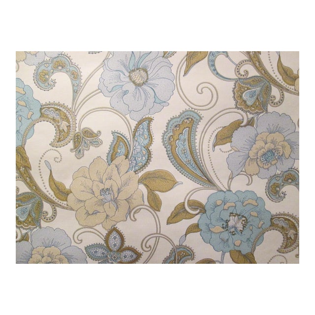 Vintage 1970s Blue and Beige Peony Paisley Motif Wallpaper For Sale