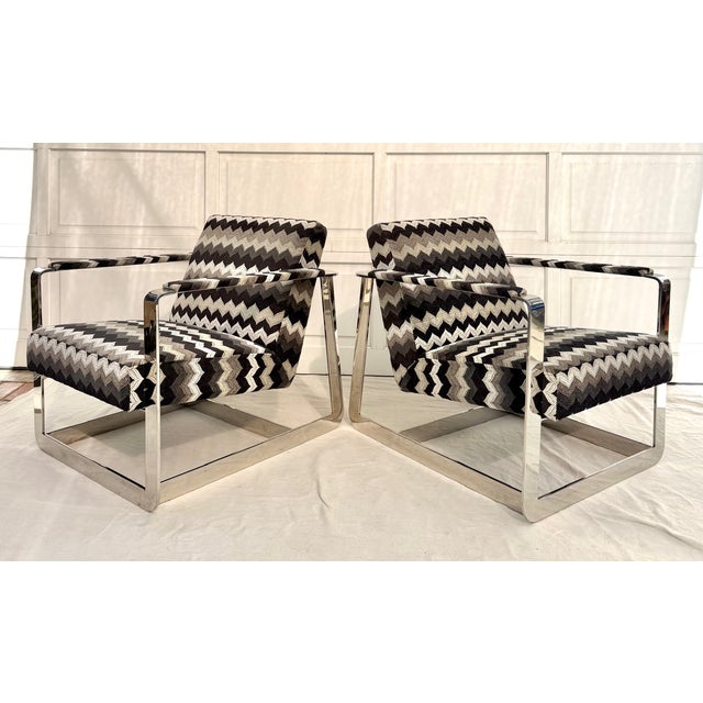 Pair of Mid-20th Century Chrome Frame Lounge Chairs With Flame Stitch Upholstery, Newly Recovered For Sale - Image 14 of 16